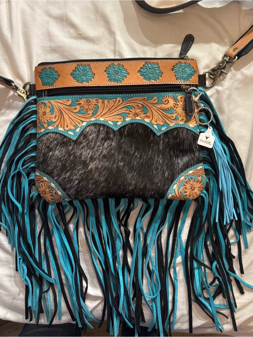 Western Cowhide Fringe Crossbody Bag Tooled Leather Turquoise Boho Cowgirl Purse